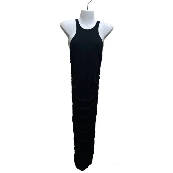 Blanc Clothing | Dresses | Blanc Clothing Black Ruched Bodycon Dress L Sexy  Racerback Ribbed Jersey Maxi | Poshmark